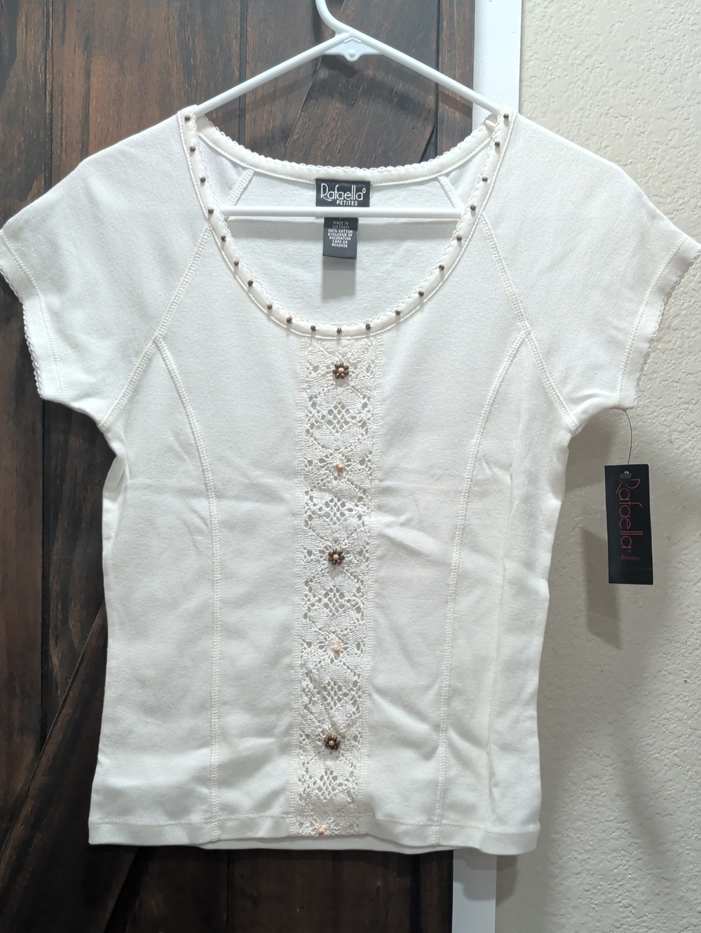 Rafaella White  Short-Sleeve Lace Front Top with Bead Accents
